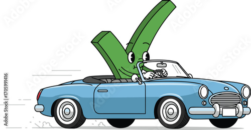 Cartoon check mark character driving a blue convertible car with motion lines