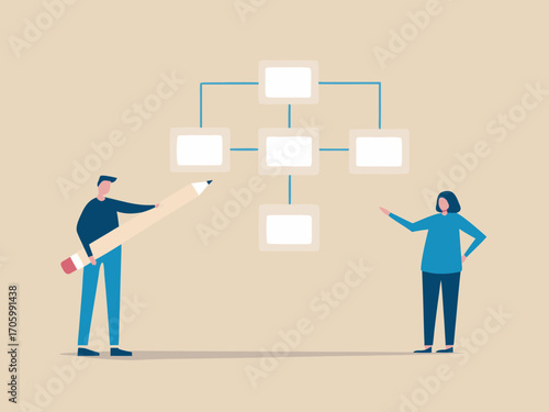 Two people collaborate to build a flowchart diagram with a large pencil and gestures