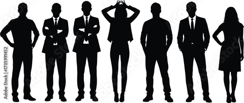Silhouettes of diverse professionals in formal attire with expressive poses, ideal for teamwork, branding, corporate identity, and vector illustration