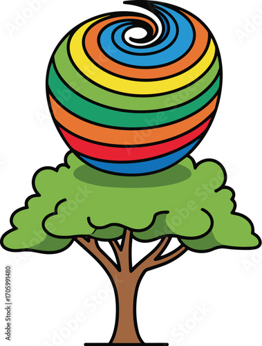Cartoon tree with colorful swirl above it