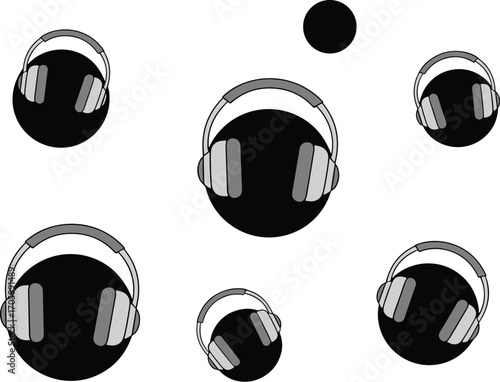 Over-ear headphones pattern on black circles and a single black circle isolated on white background