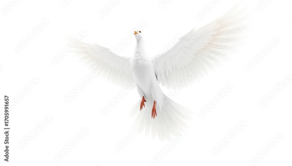 Obraz premium White bird in flight with fully outstretched wings, suspended against a brightly illuminated, empty white background