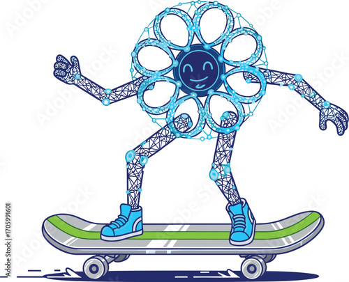 Cartoon flower rides skateboard with smiling face