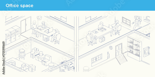 Isometric blueprint sketch of a modern office space with people working and storage areas