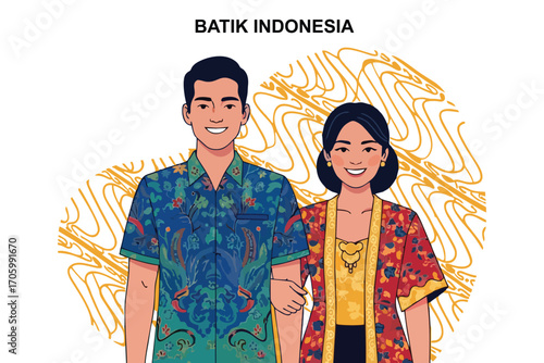Couple wearing batik clothing in indonesia standing together with batik background