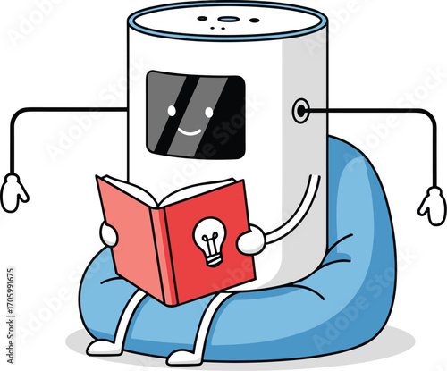 Cartoon smart speaker reading book on beanbag