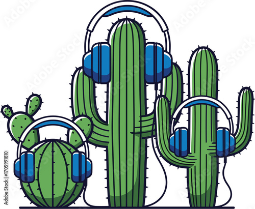 Cactuses wearing blue headphones. Vector illustration.