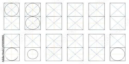 Geometric construction diagrams showing circles and squares with intersecting lines for design and art education