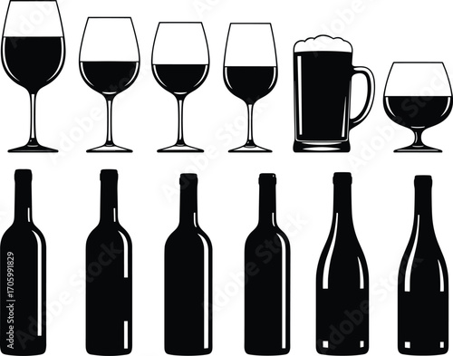 Silhouettes of wine glasses, beer mugs, and liquor bottles filled with dark liquid, ideal for bar, branding, and packaging design