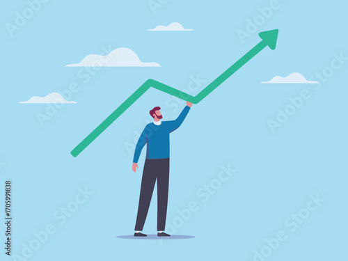 Man holding a green upward trending graph arrow against a light blue sky with clouds