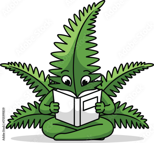 Cartoon cannabis character reading a book with eyes and smile