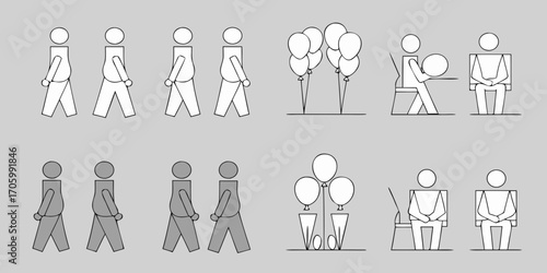 Simple line art icons depicting people walking balloons and seated figures in white and gray tones
