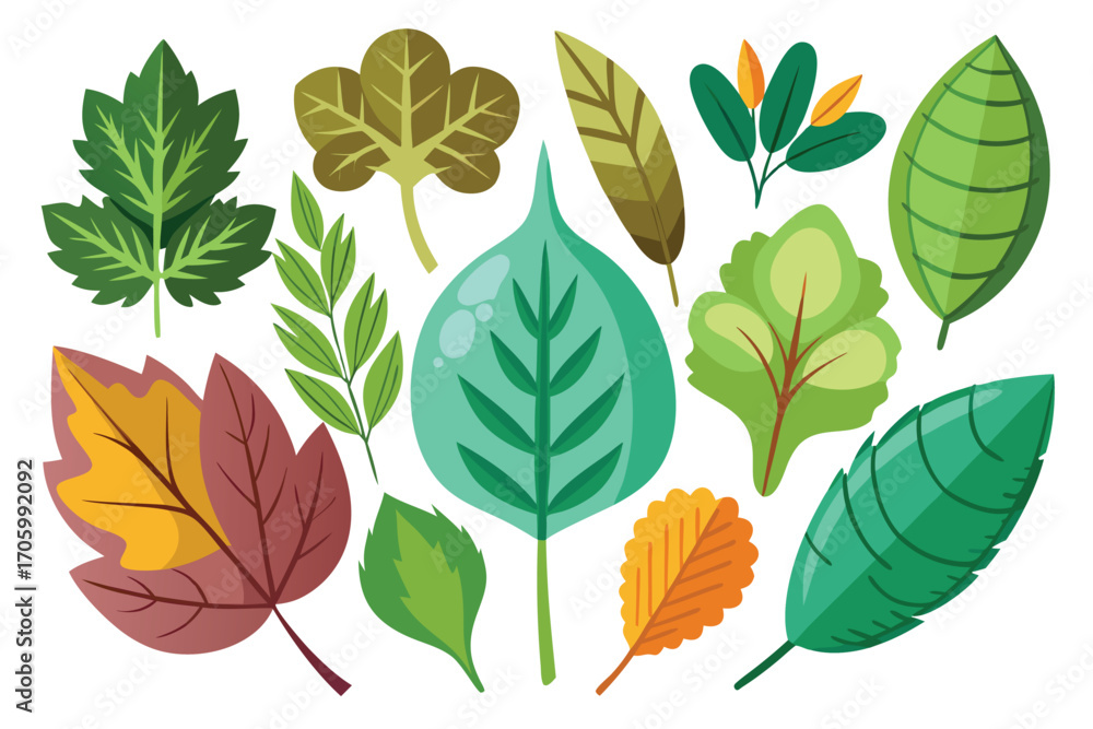 Fototapeta premium Colorful Variety of Cartoon Leaves Representing Different Seasons and Botanical Art Styles Isolated on White Backdrop
