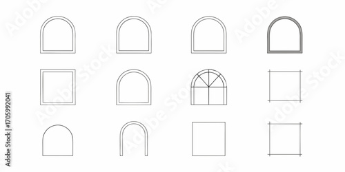Collection of simple line art architectural elements including arched windows and square frames