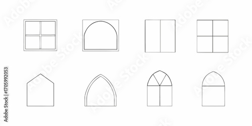 Collection of diverse window designs and architectural elements in simple line art style