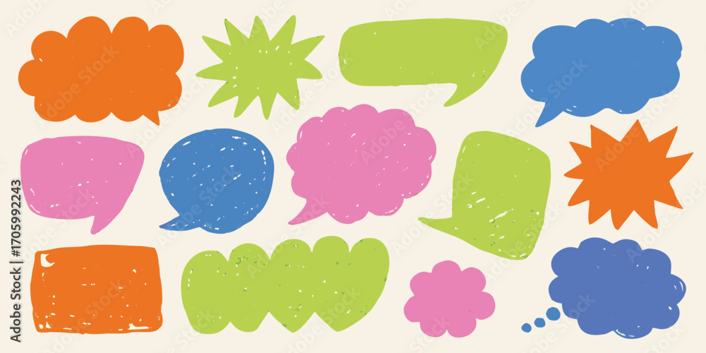 Fototapeta premium Collection of colorful hand drawn speech bubbles and thought bubbles in various shapes and sizes