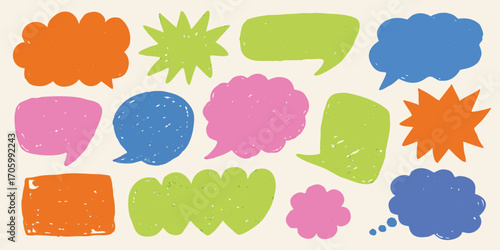 Collection of colorful hand drawn speech bubbles and thought bubbles in various shapes and sizes