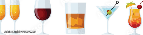Six types of alcoholic drinks in distinct glasses—champagne, wine, whiskey, martini, cocktail—representing celebration, bar menu, and mixology