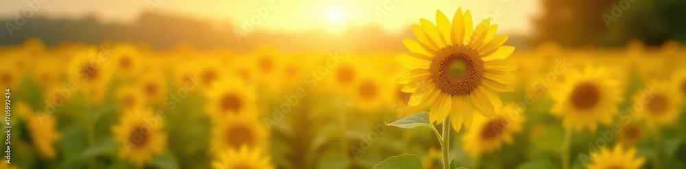 Obraz premium Single sunflower, vibrant yellow, golden sunlight, vast field , countryside, solitary, scenic