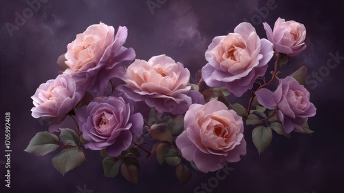 Wallpaper Mural Beautiful arrangement of delicate pink and lavender roses on a dark textured background creating a serene and elegant floral composition Torontodigital.ca