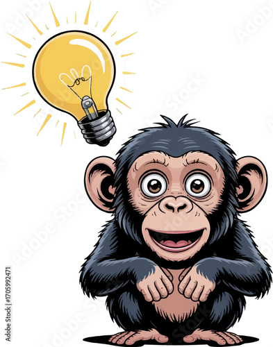 Cartoon Monkey with Light Bulb Idea in Vector Art