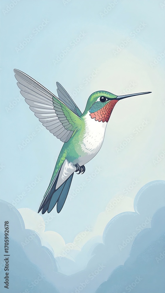 Fototapeta premium Illustration of a hummingbird in flight against a light blue sky with soft clouds