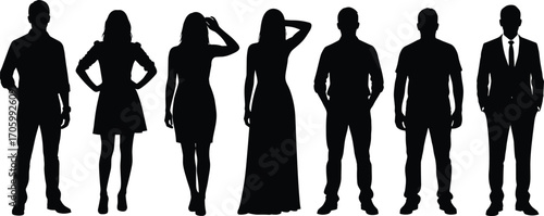 Standing human silhouettes in casual and formal attire, showcasing diverse fashion styles, posture variations, and character modeling for vector design