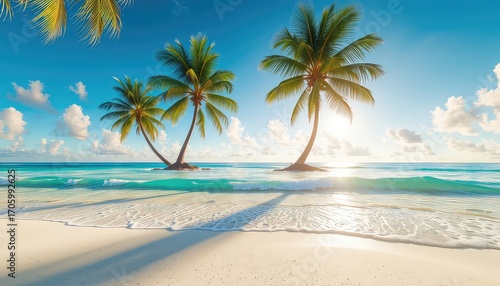 Azure Waters and Golden Sands Tranquil Beach Scene with Palm Trees Silhouetted Against a Bright, Sunlit Sky