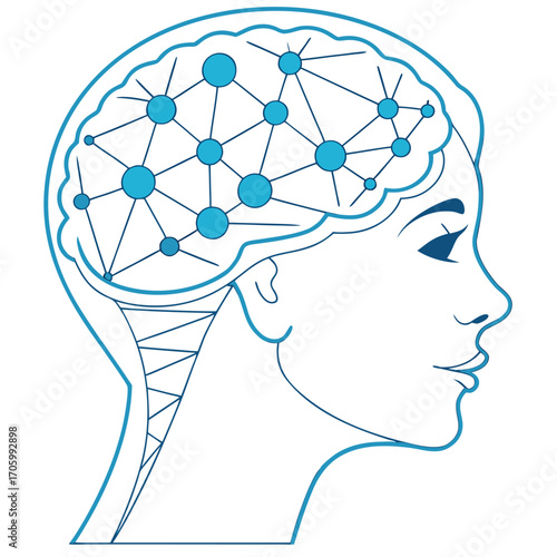 Artistic blue silhouette presents an interconnected brain network within a woman's profile, transparent background