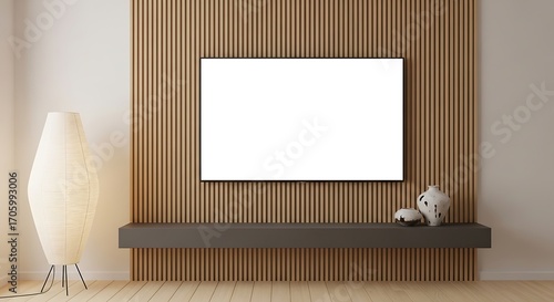 Modern minimalist interior with blank screen and warm wood accent