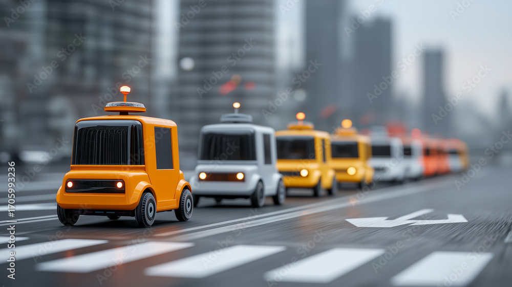 Fototapeta premium Autonomous vehicles in city setting showcase modern transportation technology, with focus on safety and efficiency. scene features line of small, colorful self driving cars