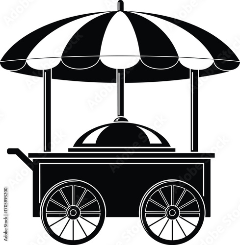 Street food cart silhouette vector with umbrella, wheels, handle, and dome lid in black and white minimalist vendor design