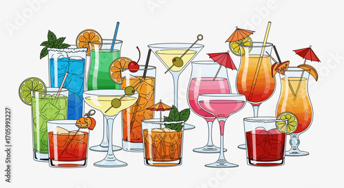 Assorted colorful cocktails and mixed drinks in various glasses with fruit garnishes and decorations