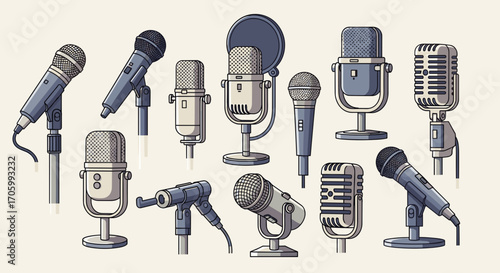 Illustration showcasing a diverse collection of microphones with varying designs and styles for audio recording