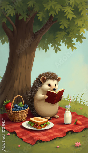 Hedgehog reading book under tree