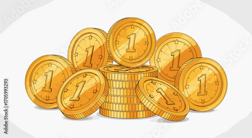 A collection of golden coins with the number one on them stacked and arranged in a pile on a white background