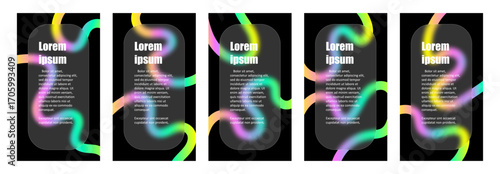 Set of vertical backgrounds designed for advertising flyers showcases glass morphism style. Curved gradient lines create a soft, blurred effect, enhancing visual appeal.