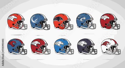 Collection of ten american football helmets in various colors with different team logo designs shown