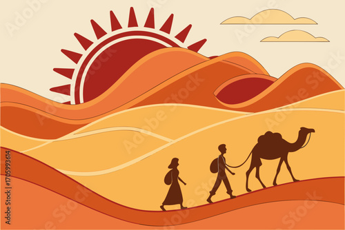 Paper cutout desert landscape with two people walking and camel