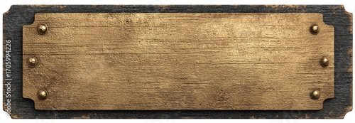 Rectangular plaque featuring a golden plate attached to a dark wooden frame with rivets in each corner, creating a textured, vintage feel