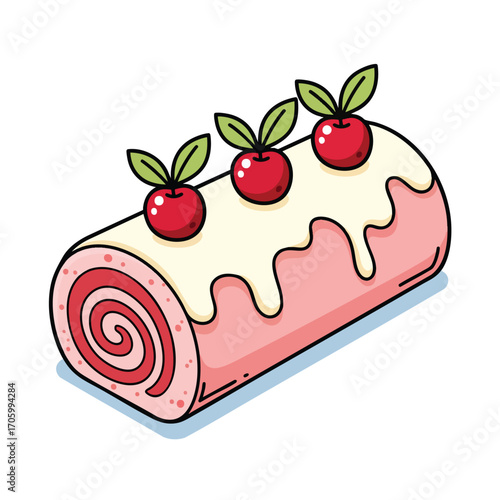 Illustrated pink swiss roll cake with white icing and three red cherries on top.