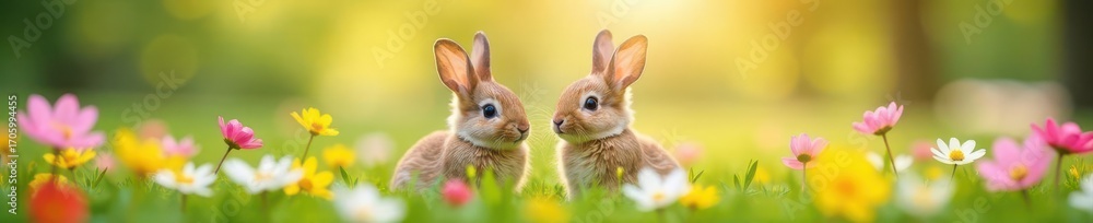 Fototapeta premium Adorable bunnies with spring bouquets in blooming meadow, delicate, soft