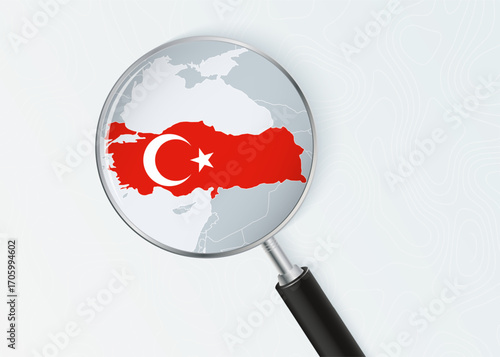 Turkey Map Under Magnifying Glass with National Flag Overlay.