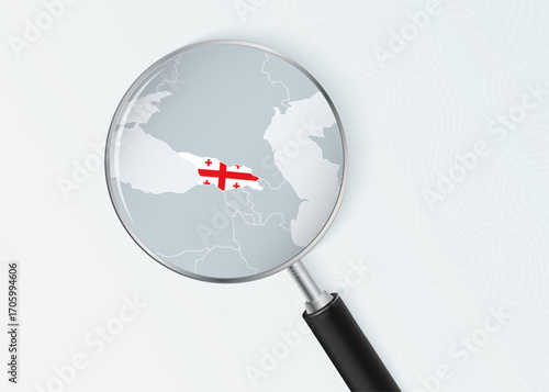 Georgia Map Under Magnifying Glass with National Flag Overlay.