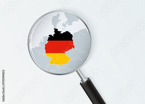 Germany Map Under Magnifying Glass with National Flag Overlay.