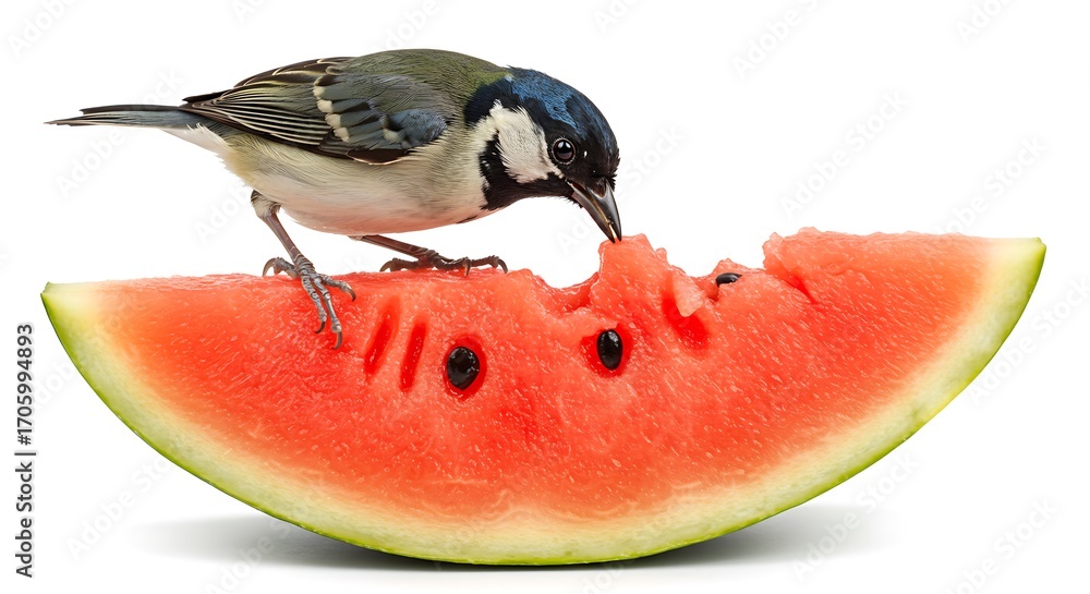 Naklejka premium 小鳥がスイカを食べる夏の写真 白い背景でクローズアップ撮影