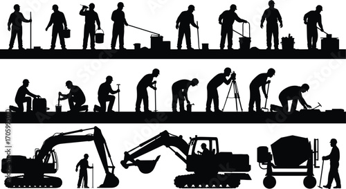 Construction workers and machinery silhouette set showing diverse building tasks, heavy equipment, and labor tools in black and white vector style