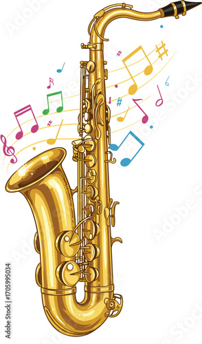 Fantasy Saxophone with Glowing Musical Notes – Vector Illustration