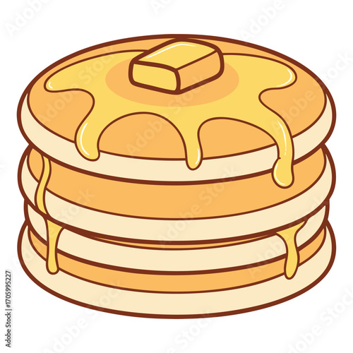 Buttery syrup stack of pancakes on white background