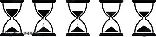 Sequence of 5 Hourglass Icons Showing Sand Flow Progression and Time Passing in Stages